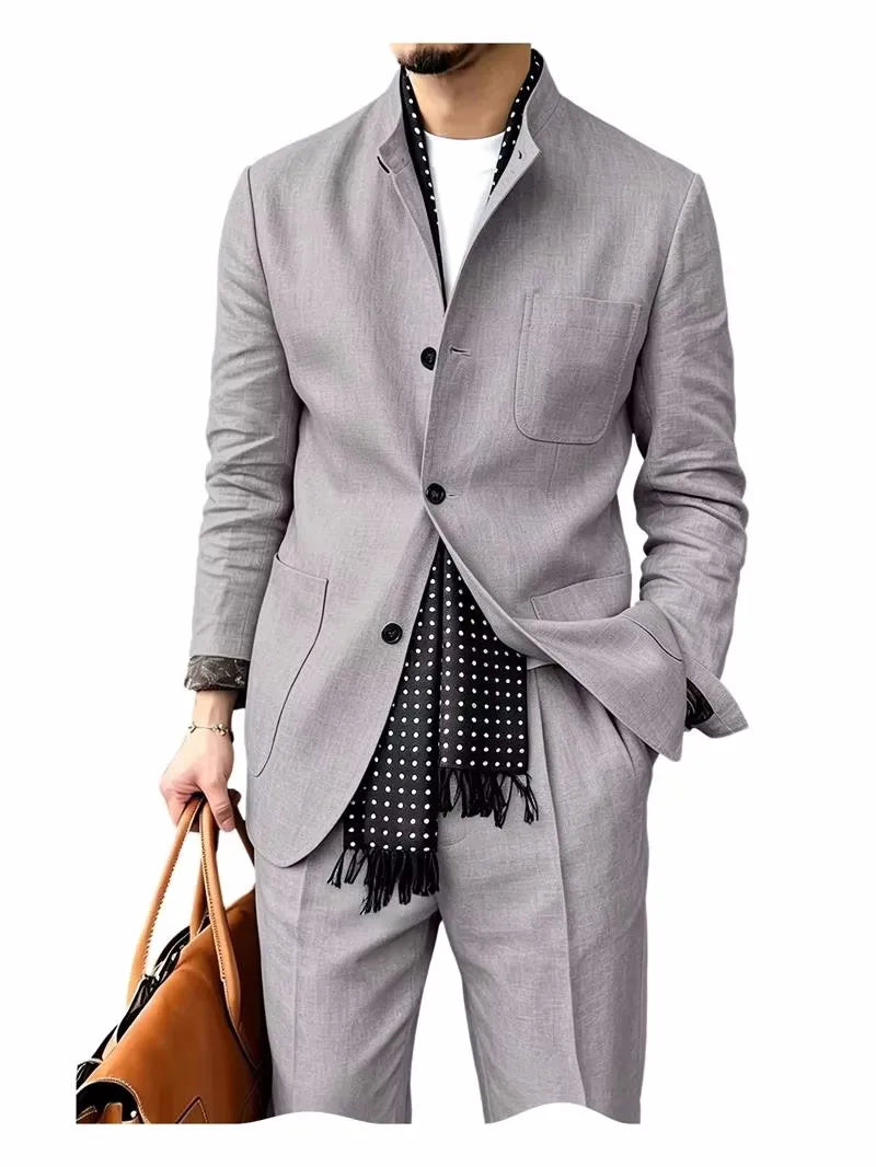 Men's 2 Piece Suit Linen Blend Stand Collar Single Breasted 3 Button Slim Fit Business Casual Vacation Wedding Breathable Outfit