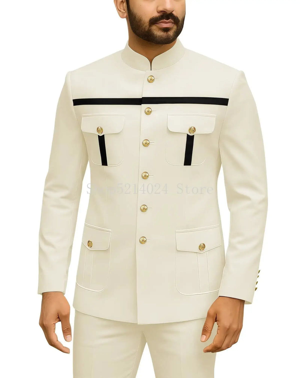 Herren Safari-Anzug 2-teilig Regular Fit Chinakragen Goldknopf Blazer Hose Set Afrikanische Outfits