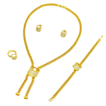 Unique Fashion Diamond-Set Jewelry Set Necklace Earrings Bracelet Ring Women's 24K Gold AU999 - Shiny diamonds, trendy set