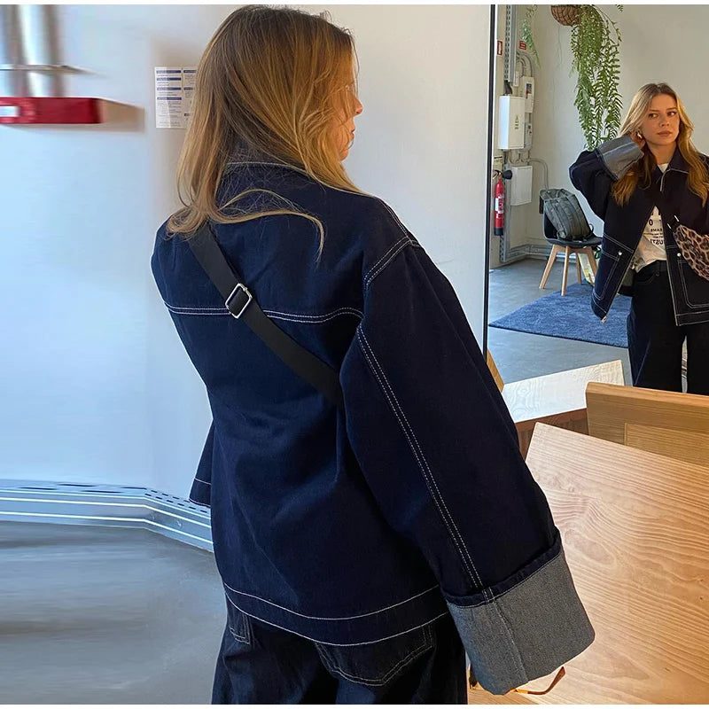 Fashion Denim Jacket Set Women Lapel Single Breasted Long Sleeve Coat Straight Jeans Pants 2025 Spring Lady  High Street Outfits