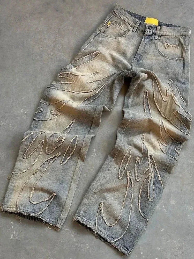American New Fashion Patch Baggy Casual Jeans For Men And Women Y2K High Street Harajuku High Waist Wide Leg Denim Trousers