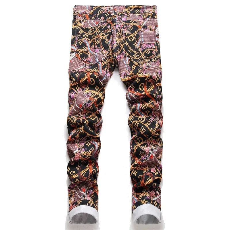 High Quality Mens Slim-fit Colorful Jeans,Light Luxury Full Print Decors Sexy Jeans,Stylish Street Fashion Jeans;
