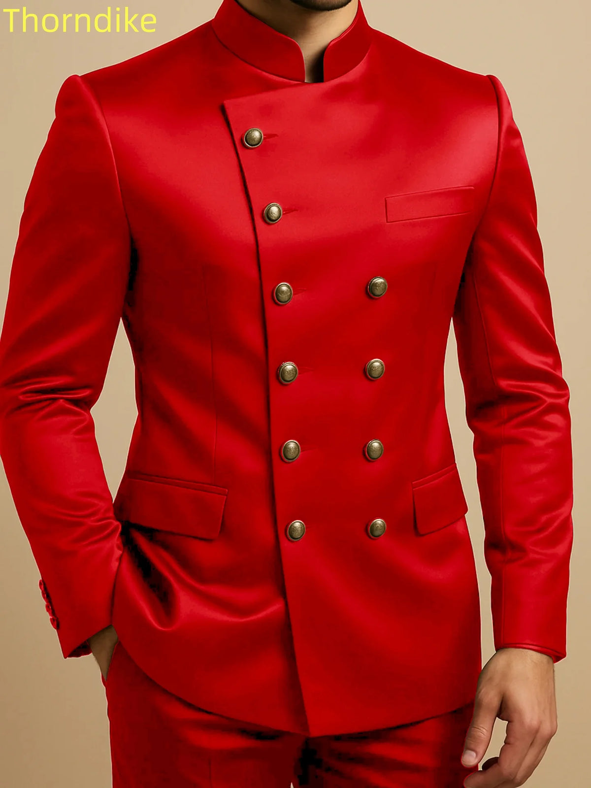 Thorndike Affrica Style Casual Stand Collar Satin Double Breasted Jacket Pants Business Men Suit Elegant Groom Wedding Suits