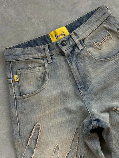 American New Fashion Patch Baggy Casual Jeans For Men And Women Y2K High Street Harajuku High Waist Wide Leg Denim Trousers