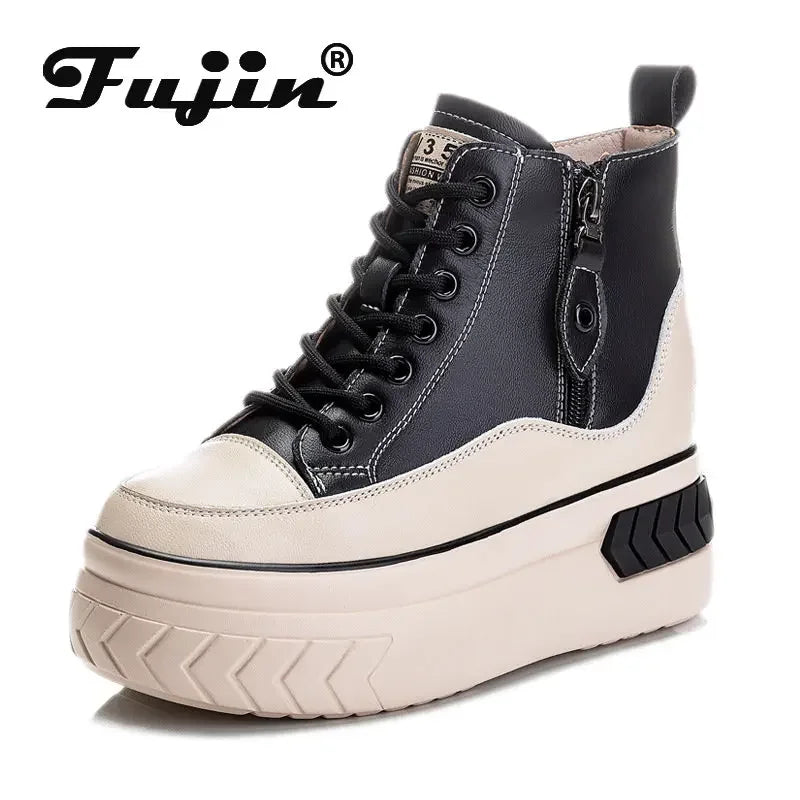 Fujin High Top Women Shoes Genuine leather 8cm Platform Boots Wedge Hidden Heel Zip Spring Autumn Warm Fur Winter Shoes Sneakers