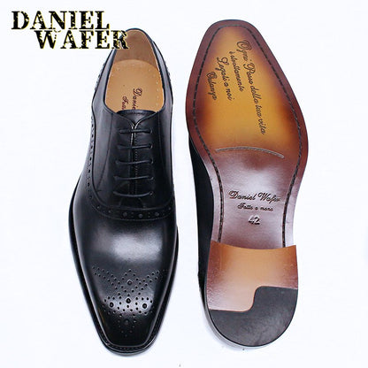 Men's Luxury Brand Shoes Fashion Brogue Formal Black Blue Lace-Up Wedding Office Dress Genuine Leather Oxford Shoes for Man
