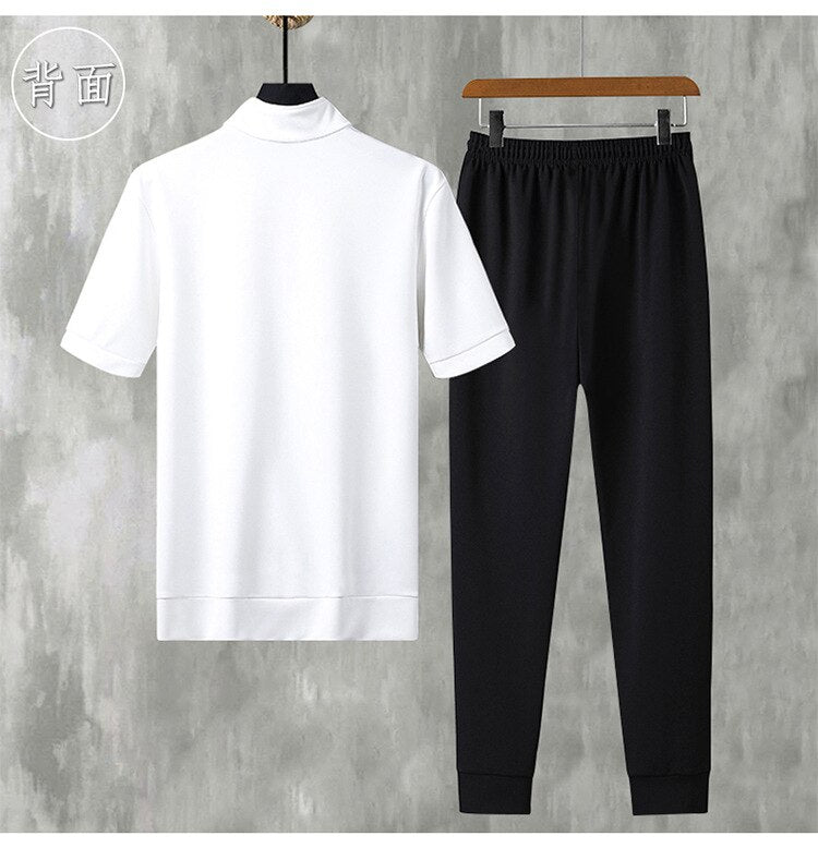 2023 Mens T-Shirt Set Solid Color Sportswear Summer Casual Men Tracksuit T Shirt Pants Two Pieces Suit Men Clothing Sportswear