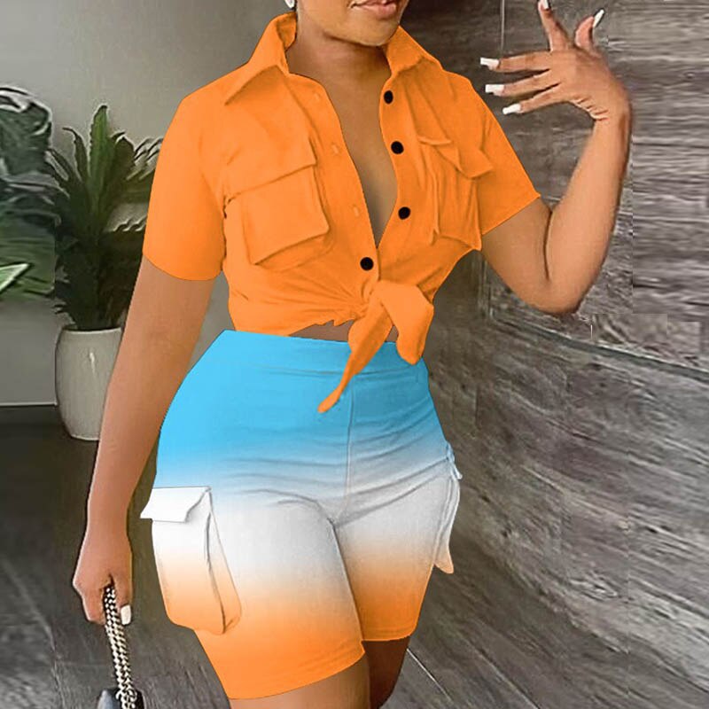 Summer pockets shorts set women single Buttons crop top and short pant two piece set Lady fashion bow tie up outfit set