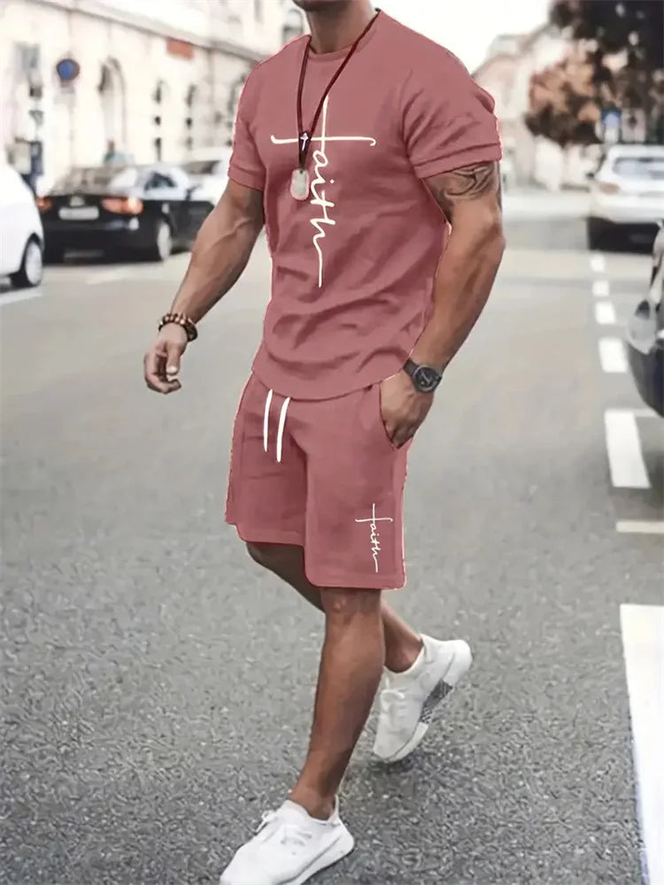 Mens T Shirt Shorts Set Fashion Mens Cross Printed Short Sleeve Two Pieces Oversized Outdoor Beach Sports Men's Plus Size Suit