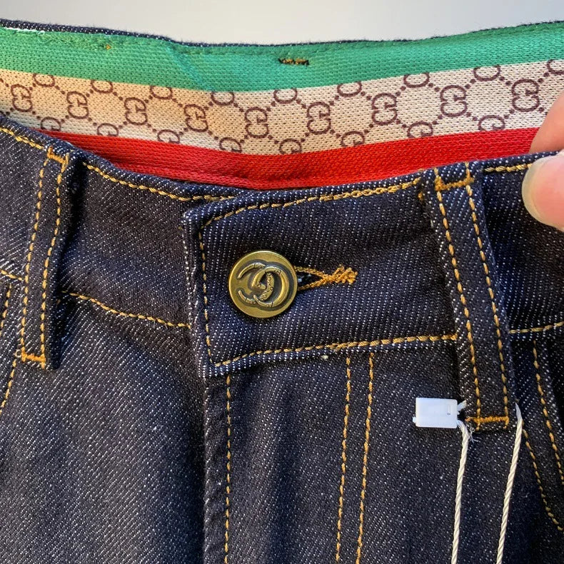 High end light luxury men jeans autumn new item dark blue fashion printed casual straight slim fit cotton washed denim pants