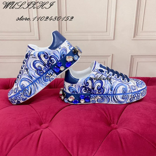 Ink Blue Graffiti Wave Gem Sneakers Couple Spring Sports Men Flat Women Lace Totem Comfortable Leather Round Toe Printed Shoes