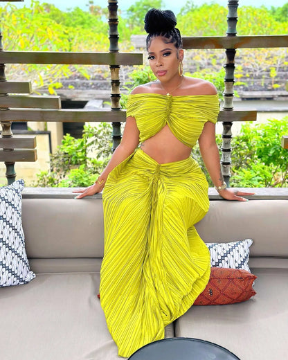 Crop Tops 2 Piece Skirt Sets  Summer Women Elegant Luxury Party Club Long Pleated Dress Sexy Two Piece Skirt Set Outfit