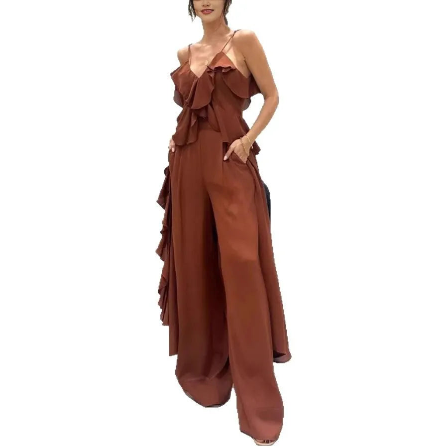 Women's Solid Color Chiffon V-neck Suspender Ruffle Edge Straight Leg Pants Two-piece Set for Summer