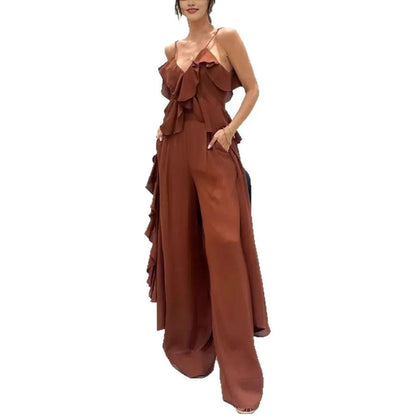 Women's Solid Color Chiffon V-neck Suspender Ruffle Edge Straight Leg Pants Two-piece Set for Summer