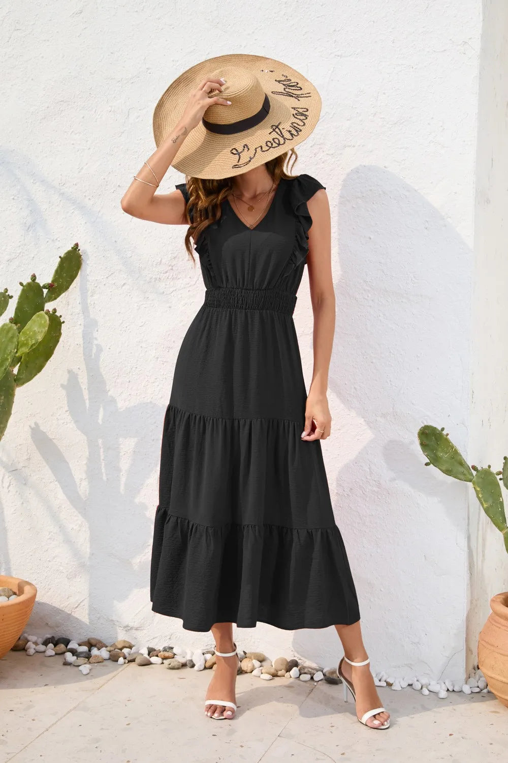 Summer Woman Dress V Neck Sleeveless Red Dresses High Waist A Line Green Maxi Dress Tiered Skirt Boho Black Casual Dress
