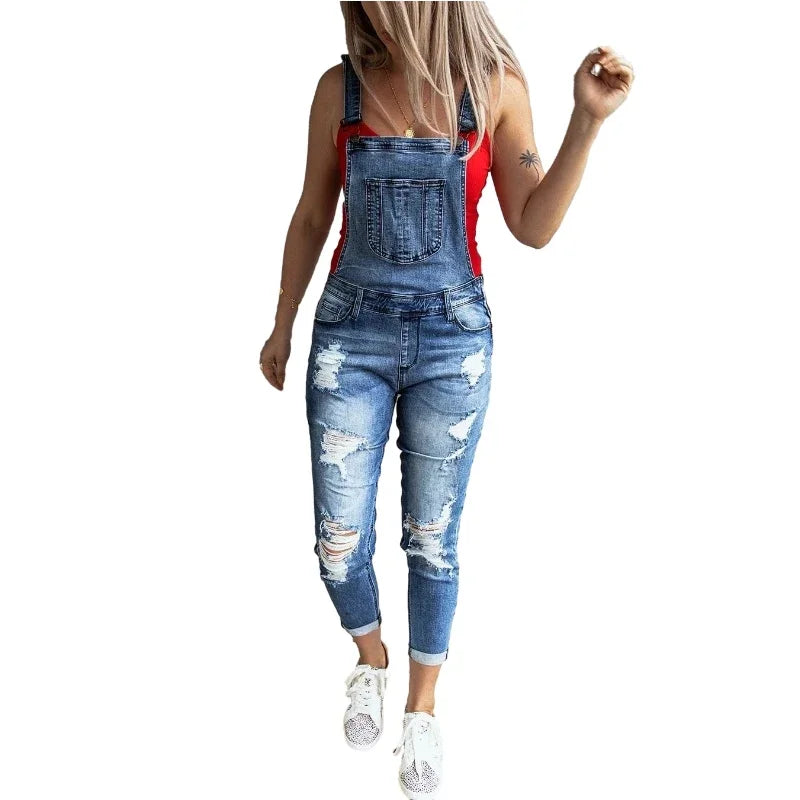 Denim Overalls Women 2024 Ripped Jeans Lady Jumpsuit Elastic Denim One Piece Pants Suspender Trousers Female Rompers Streetwear