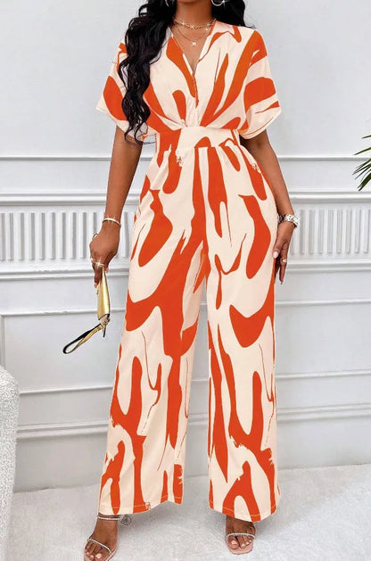 Women Wide Leg Jumpsuit Spring Summer Fashion V Neck Short Sleeve High Waist Full Body Printed Jumpsuits Casual One Pieces