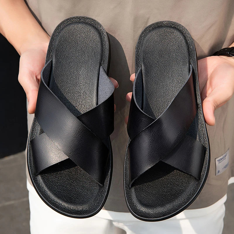 New Fashion Summer Black Men Shoes Vintage Italian Flats Casual Non-slip Beach Sandals Leather Flip Flop Slippers Flat Sandals