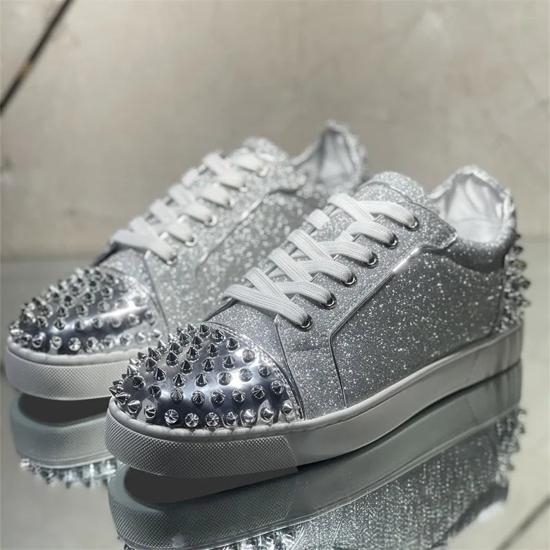 Fashion Luxury Brands Red Bottom Low Top Silver Crystal Rivet Shoes For Men's Casual Flat Loafers Women's Wedding Party Sneakers