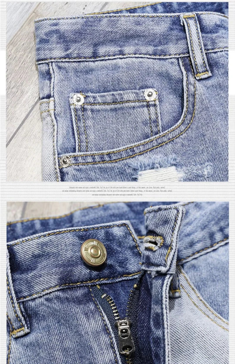2025 Mens Distressed Denim Shorts Summer Washed Ripped Patchwork Paint Splatter Slim Fit Five Inch Jeans Y2K Vintage Hip Hop Fas
