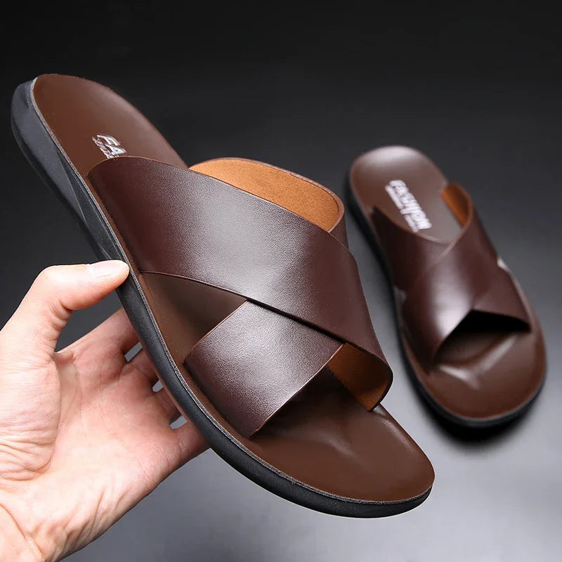 Topvivi slippers men Leather luxury Brand 2021 New Fashion Summer Men Shoes Vintage Flats Casual Non-slip Beach sandals men