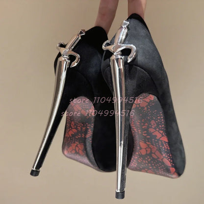 Women Sexy Pointed Toe Stiletto High Pumps Metal Decor Leather Super High Heels  Fashion Party Ladies Summer Gladiator Shoes