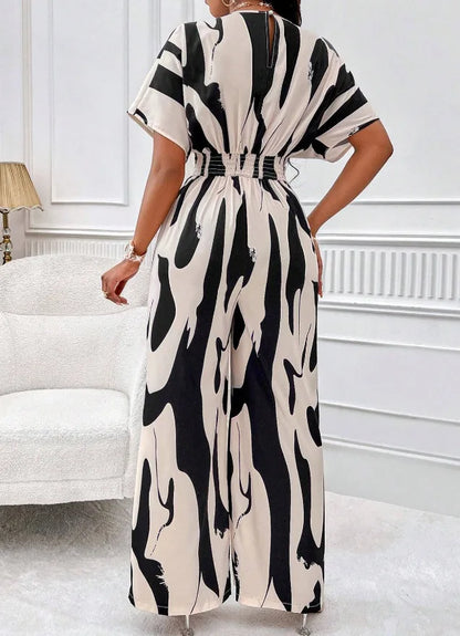 Women Wide Leg Jumpsuit Spring Summer Fashion V Neck Short Sleeve High Waist Full Body Printed Jumpsuits Casual One Pieces