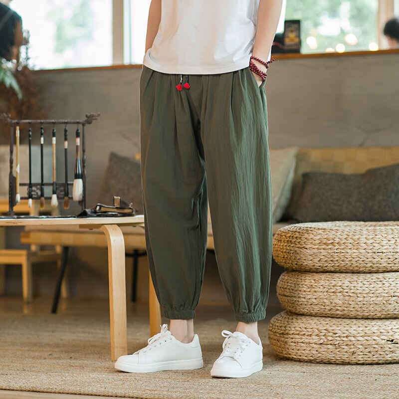 Asian size Man Solid Fashion Cotton Linen Blended Casual Pants 2023 Summer New Chinese Style Men&#39;s Loose Nine Points Trousers