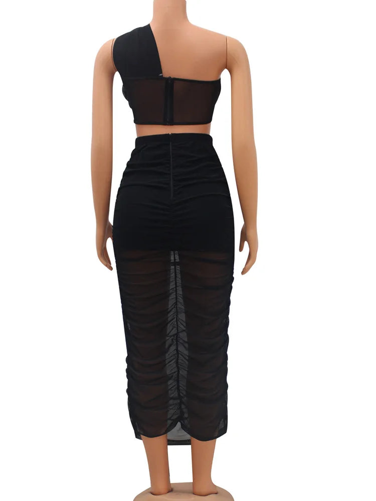 Bonnie Forest Beautiful Single Shoulder Sheer Mesh Corset Top + Ruched Skirt Two-Piece Set Tracksuit Female Night Club Outfits