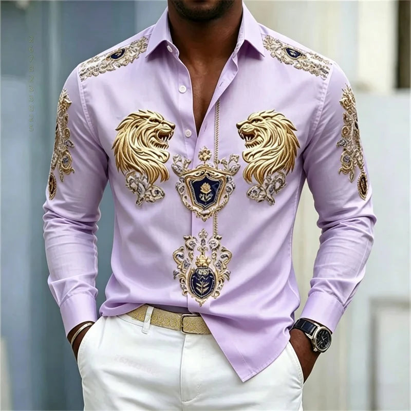 Men's shirt Baroque style shirt Lion head slim fit design long sleeved shirt Business casual street style men's clothing XS-6XL