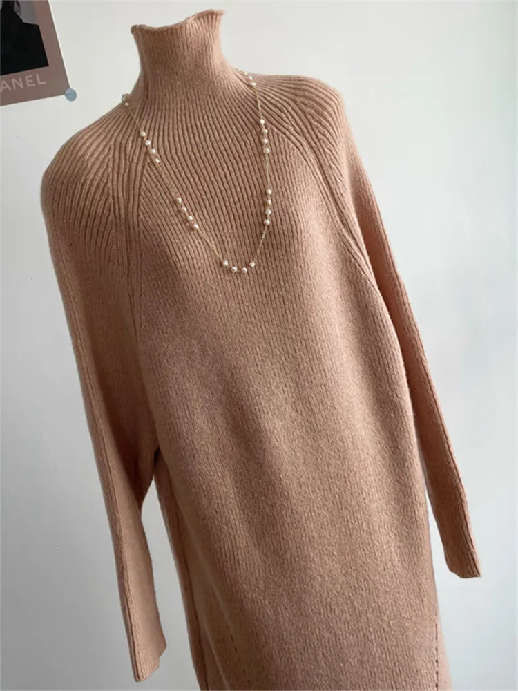 Women Dress Sweater Women Dress Thick Winter Fall Long Sleeve Knitted Dresses Maxi Vintage Oversize Knitting Turtleneck Black