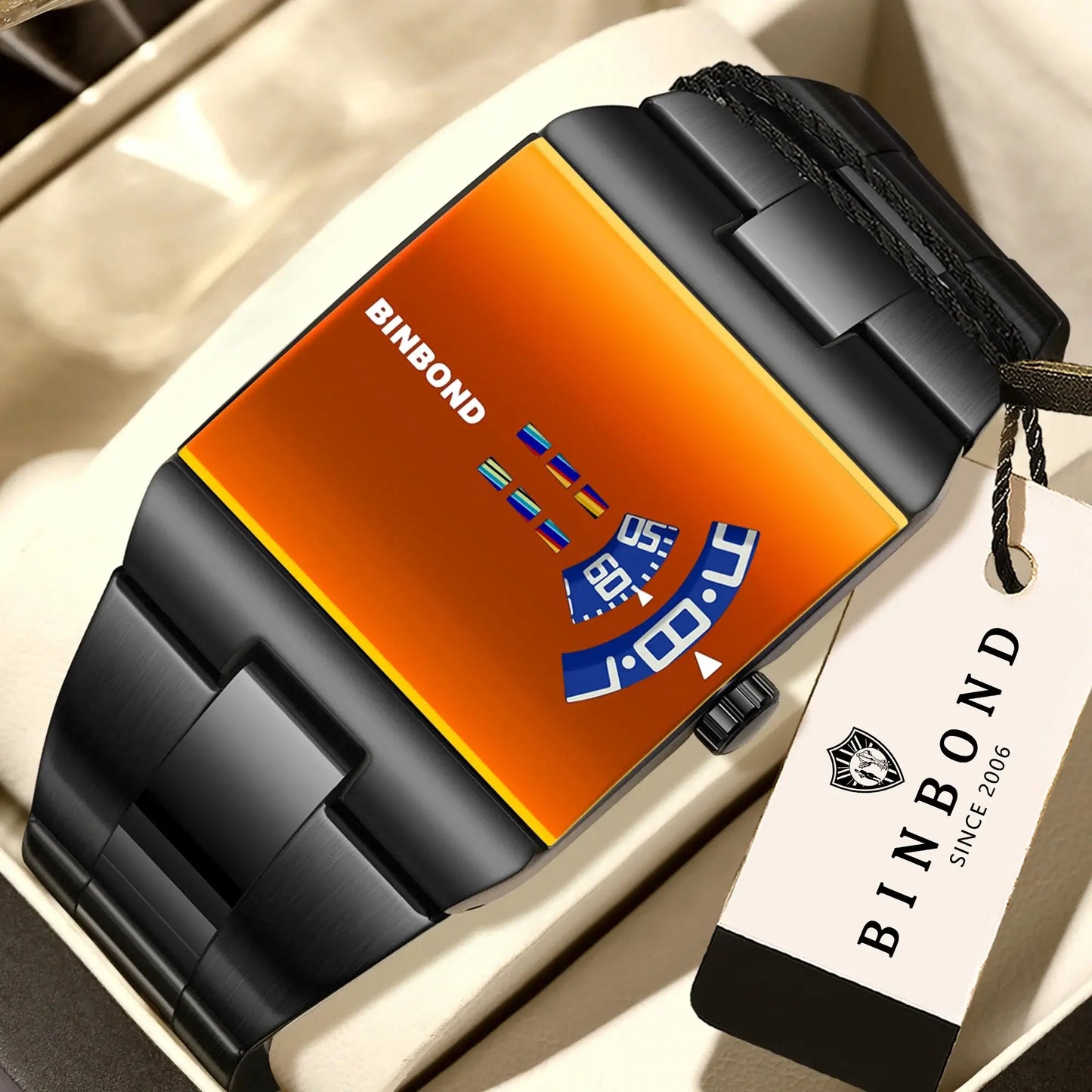 BINBOND Original Design Waterproof Men's Watch Accurate Quartz Watches For Men Luxury Sturdy Sport Wristwatches Casual Reloj with orange dial.
