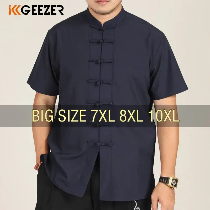 Herren Mandarin-Kragen Hemd im chinesischen Stil Kurzarm Sommer Oversize Formell Lässig Retro Schwarz Weiß Übergröße 6XL 7XL 8XL 10XL