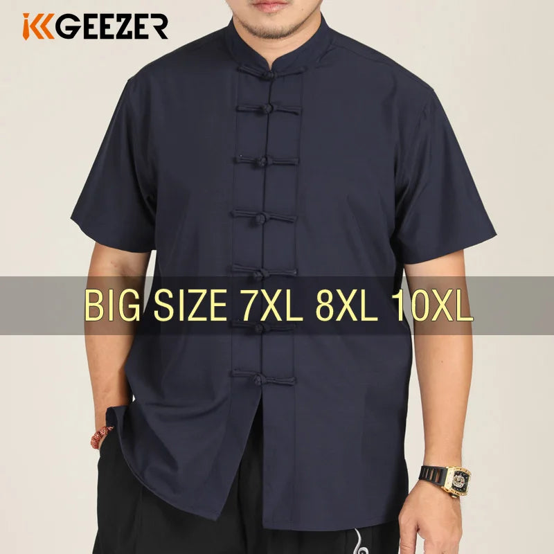 Men Mandarin Collar Chinese Style Shirt Short Sleeve Summer Oversize Formal Casual Retro Black White plus Size 6XL 7XL 8XL 10XL