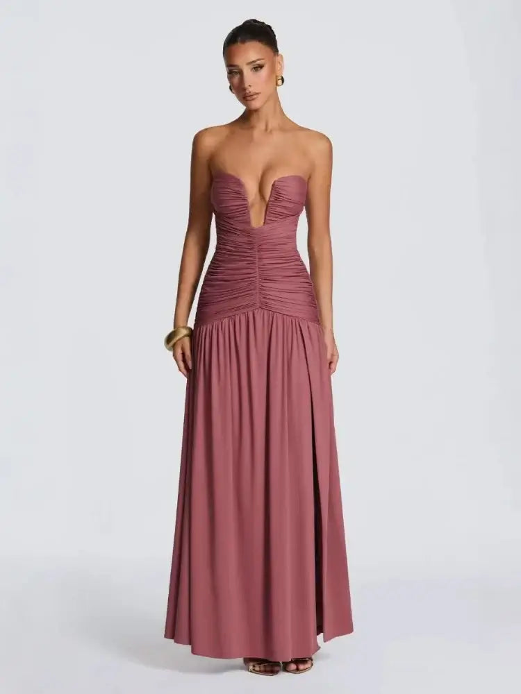 Chaxiaoa Trägerlose tiefe V-Ausschnitt geraffte Maxikleider für Damen 2026 Elegantes Bodycon Party Abendkleid mit hohem Schlitz Weiß Kaffee