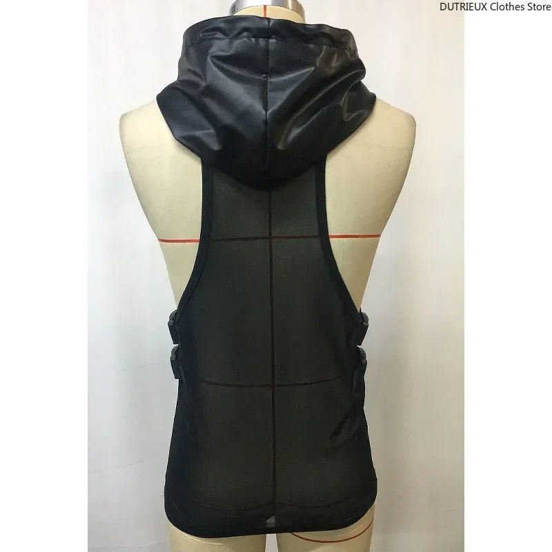 Men's Leather Stitching Net Shirt Motorcycle Leather Vest Top Sexy See-through Hooded Vest Muscular Men Fitness Vest Tank Top Me