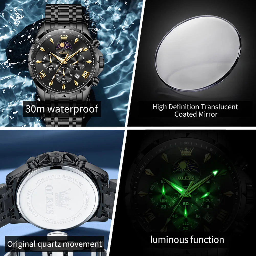 OLEVS 3653 Mans Watch Multifunctional Chronograph Quartz Watch Moon Phase Watches For Man Waterproof High Quality Original Brand