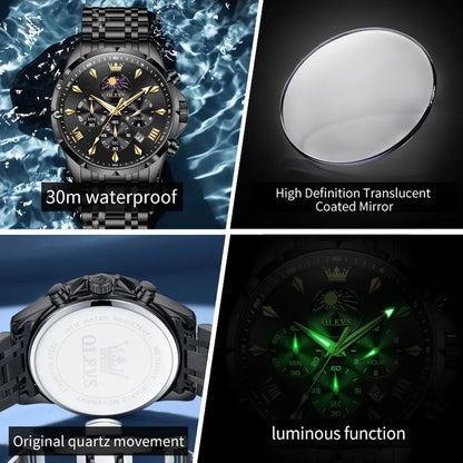 OLEVS 3653 Mans Watch Multifunctional Chronograph Quartz Watch Moon Phase Watches For Man Waterproof High Quality Original Brand