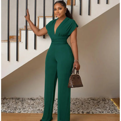 New Fashion Simple and Elegant Low Cut Solid Color Waist Women's Jumpsuit