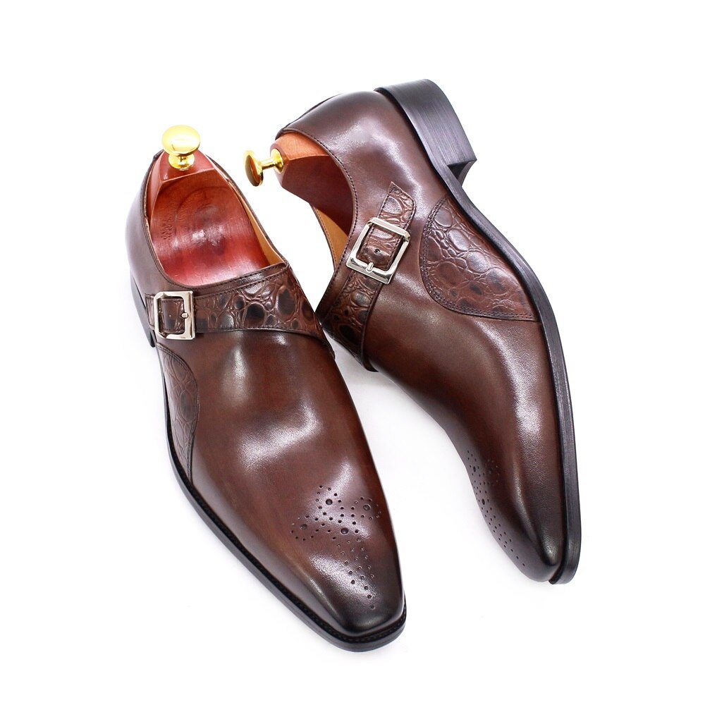 Luxury Men&#39;s Monk Strap Wedding Dress Shoes Alligator Print Genuine Calf Leather Handmade Business Office Formal Shoes for Men