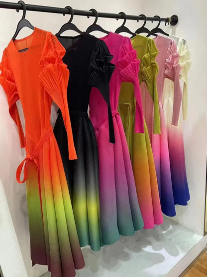 Miyake Pleated Gradual Maxi Dress O-Neck Full Sleeve Loose High Strecth Lantern Dresses for Women  Summer New