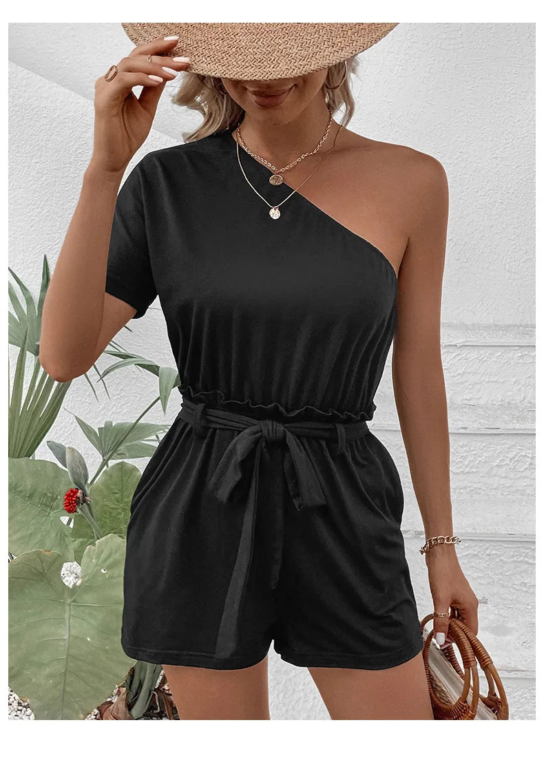 2024 Summer New Women's Casual Single Shoulder Solid Color Jumpsuit Shorts