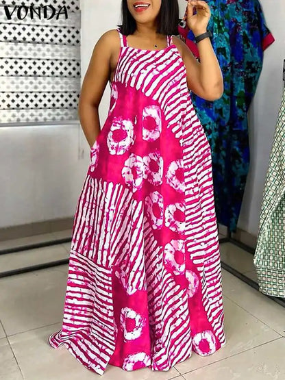 Sexy Sleeveless Dress Bohemian Printed Party Maxi Long Sundress  VONDA Summer Tank Vestidos Beach Loose Casual Robe Oversize