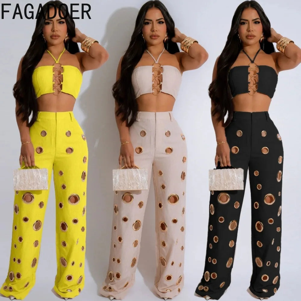 FAGADOER Sexy Solid Hole Wide Leg Pants Streetwear Women Halter Sleeveless Backless Crop Top And Pants Two Piece Sets Outfits