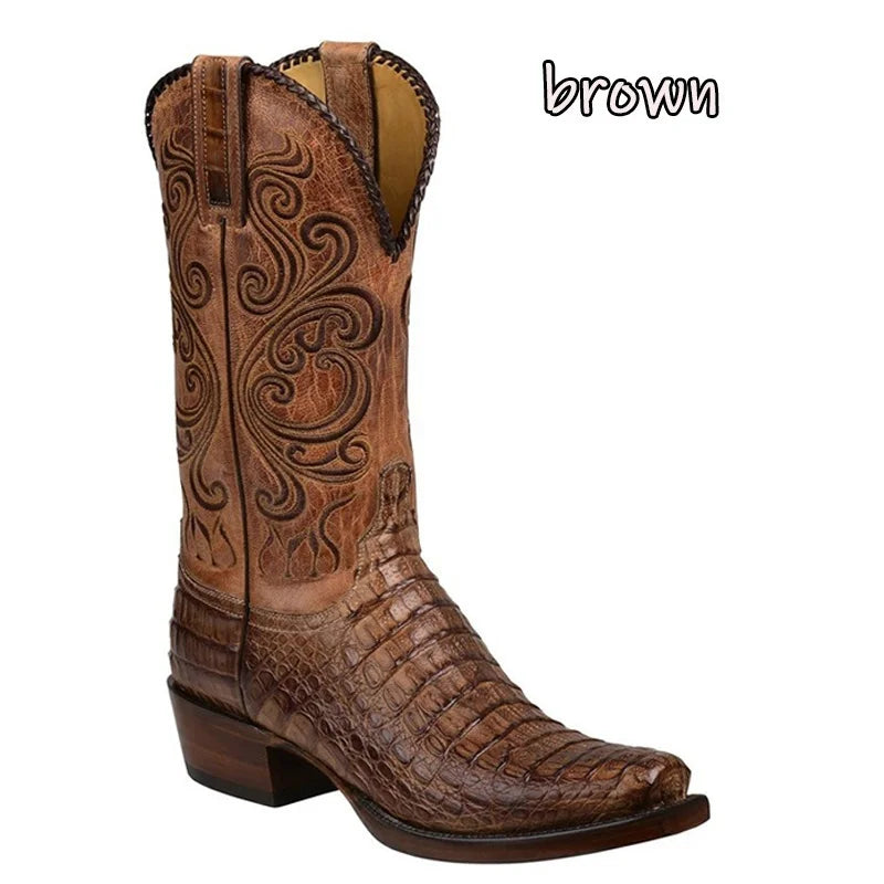 3 Color Fashion Men Women Retro Embroidered Cowboy Boots PU Western Square Toe Boots Plus Size 34-48