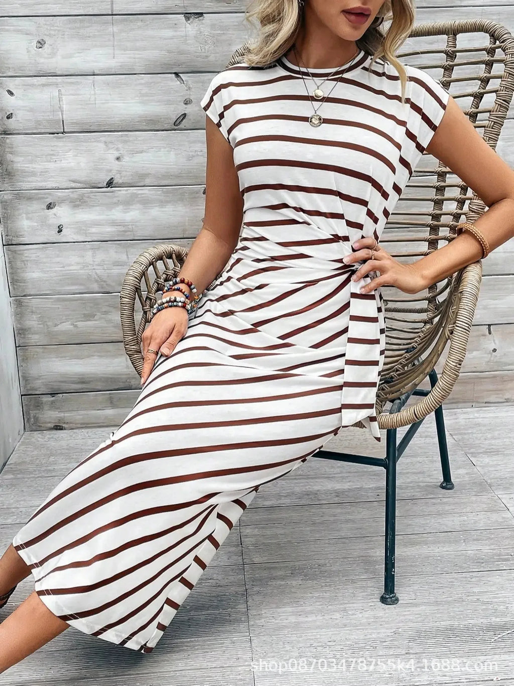 Elegant And Elegant Waist Lace Up Striped Round Neck Short Sleeve Long Dress Summer Party Bodycon Women's Dresses
