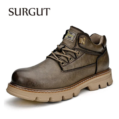 SURGUT Men's Leather Boots  New Ankle Motorcycle Boots Retro Handmade Luxury Lace Up Waterproof Shoes For Men Working Boots