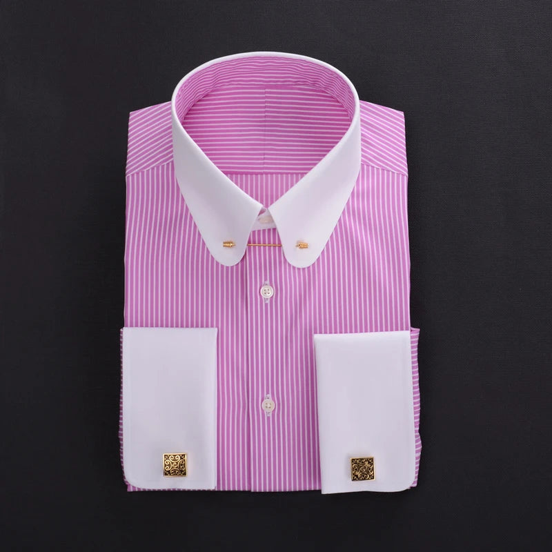 Pinhole collar empire collar patchwork collar French cuffs men's shirt manager business 100% cotton stripe custom shirt for men