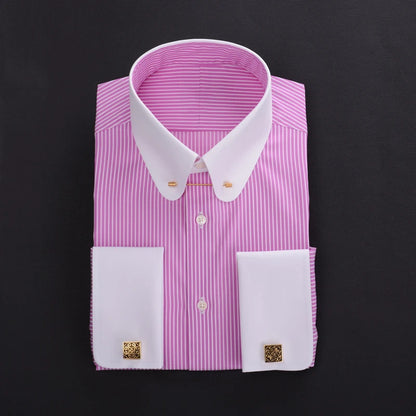 Pinhole collar empire collar patchwork collar French cuffs men's shirt manager business 100% cotton stripe custom shirt for men