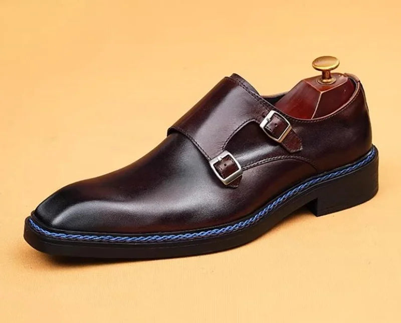 Hochwertige Herrenschuhe aus Rindsleder, eckige Zehenpartie, Doppel-Monk-Strap, Herren-Businessschuhe zum Hineinschlüpfen